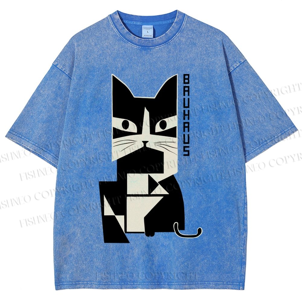 Unisex Bauhaus Geometric Cat Printed Washed Tee