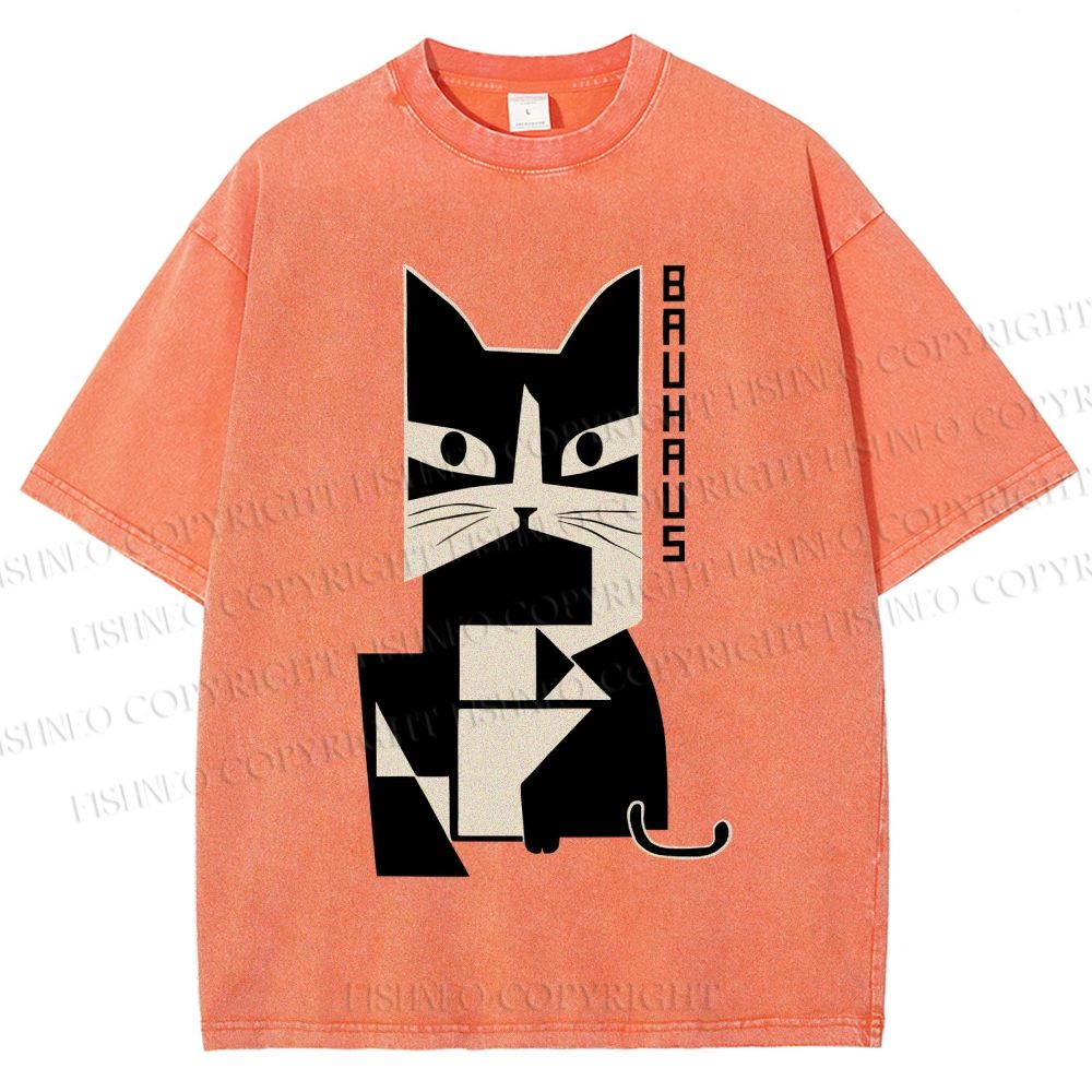 Unisex Bauhaus Geometric Cat Printed Washed Tee