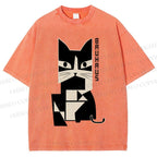 Unisex Bauhaus Geometric Cat Printed Washed Tee