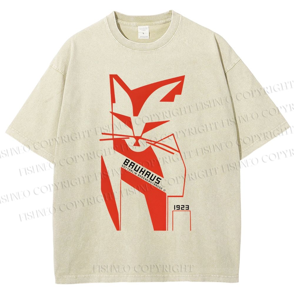 Unisex Bauhaus Geometric Cat Printed Washed Tee