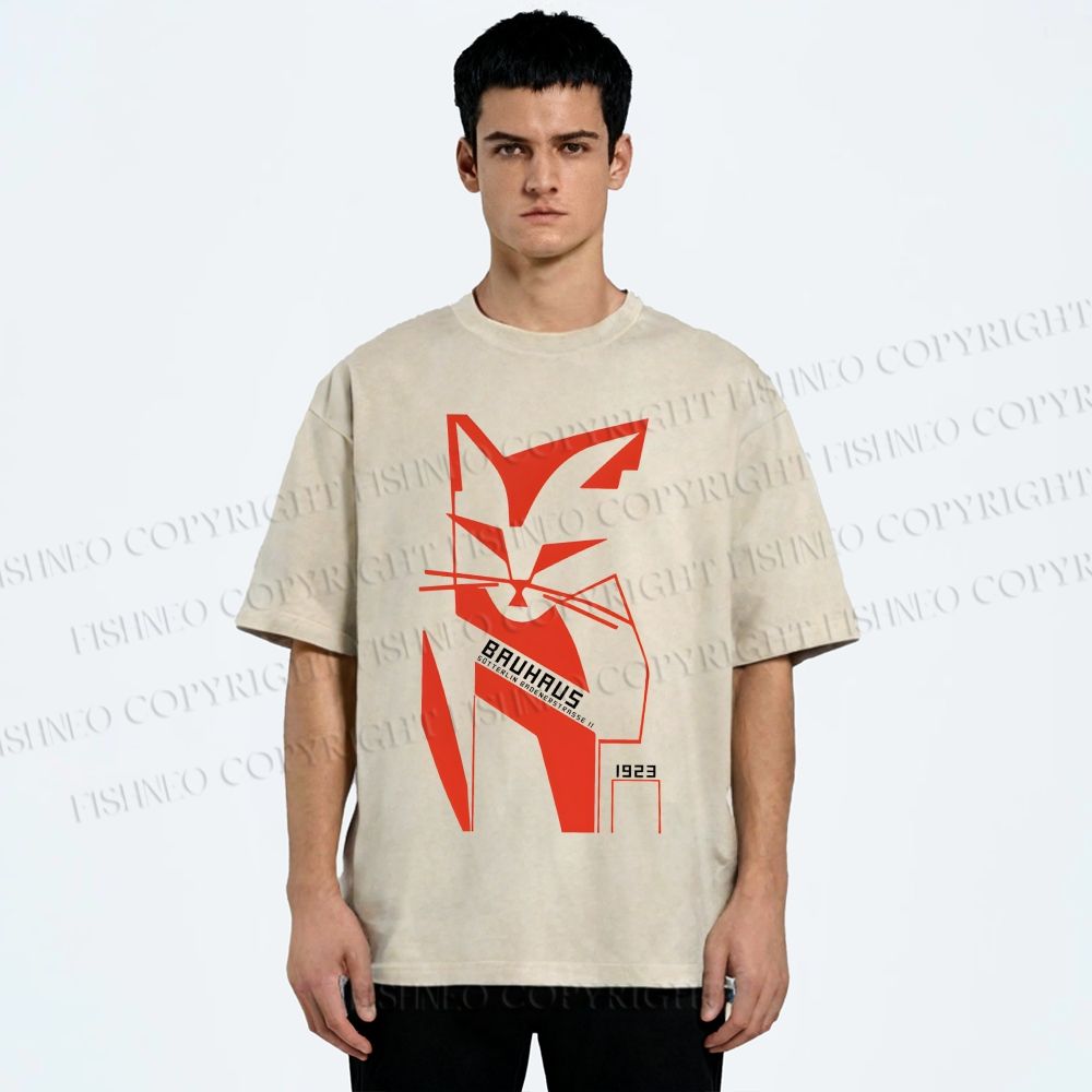 Unisex Bauhaus Geometric Cat Printed Washed Tee
