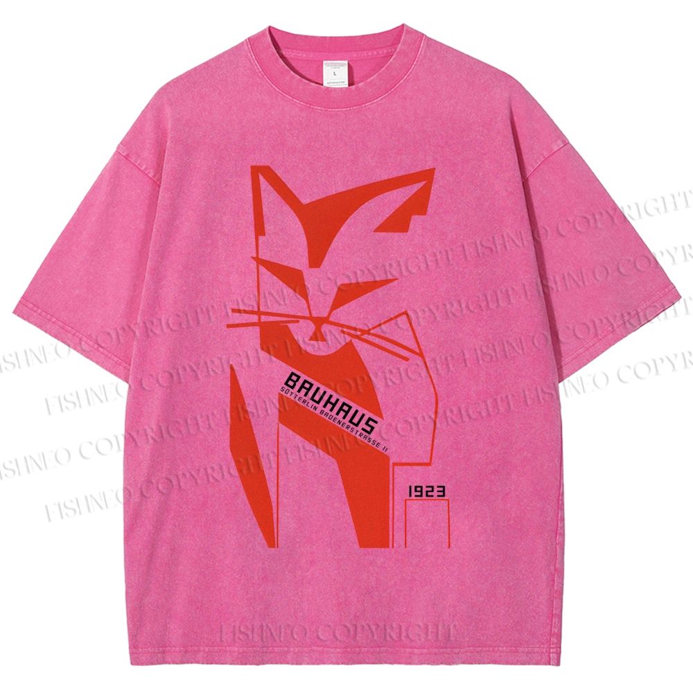 Unisex Bauhaus Geometric Cat Printed Washed Tee