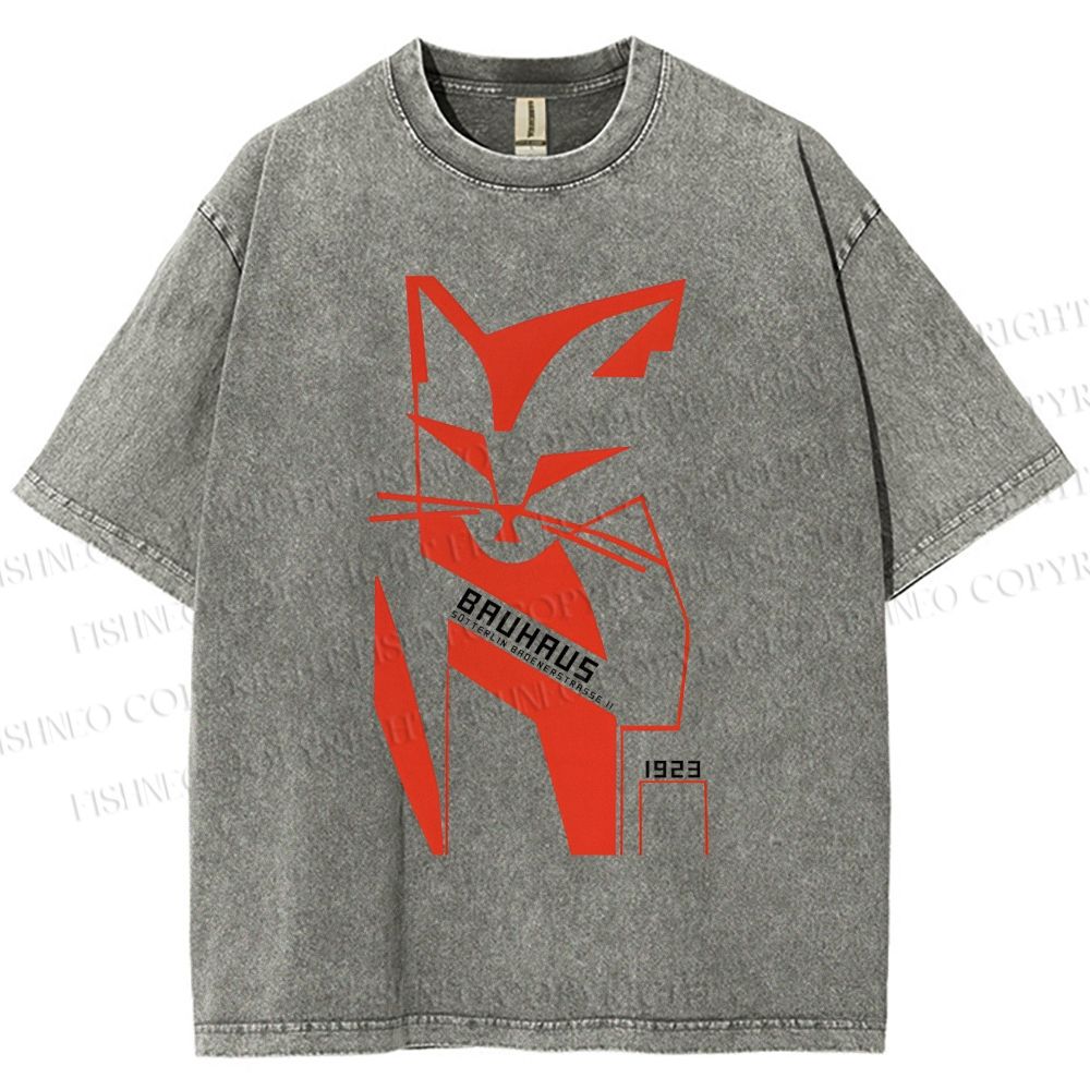 Unisex Bauhaus Geometric Cat Printed Washed Tee