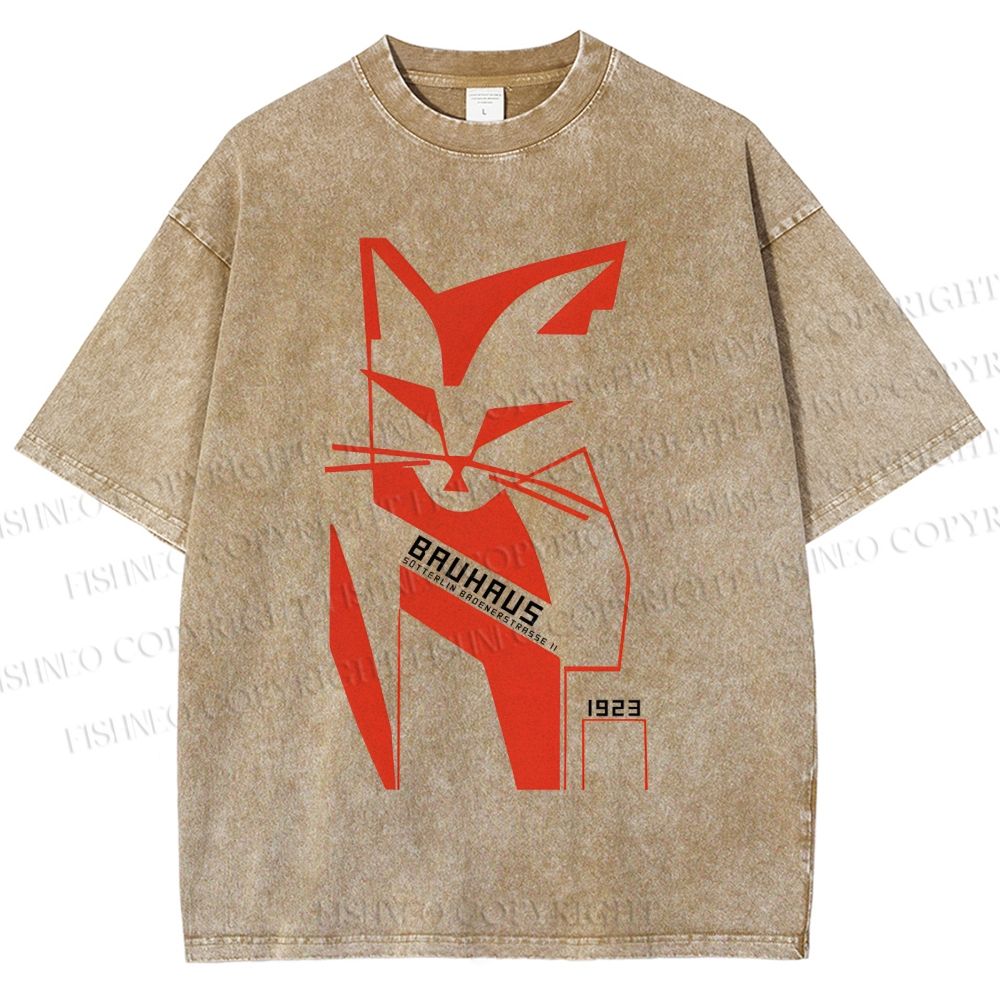Unisex Bauhaus Geometric Cat Printed Washed Tee