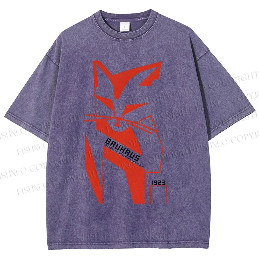 Unisex Bauhaus Geometric Cat Printed Washed Tee