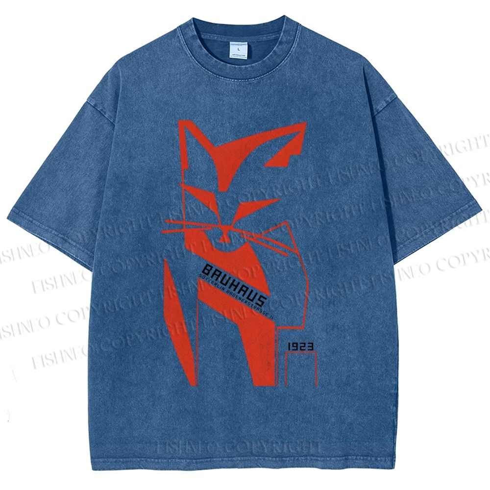 Unisex Bauhaus Geometric Cat Printed Washed Tee