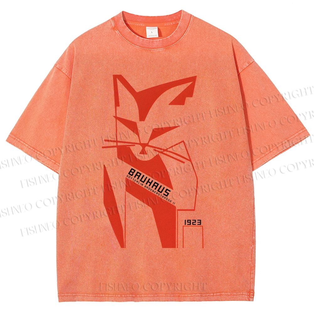 Unisex Bauhaus Geometric Cat Printed Washed Tee