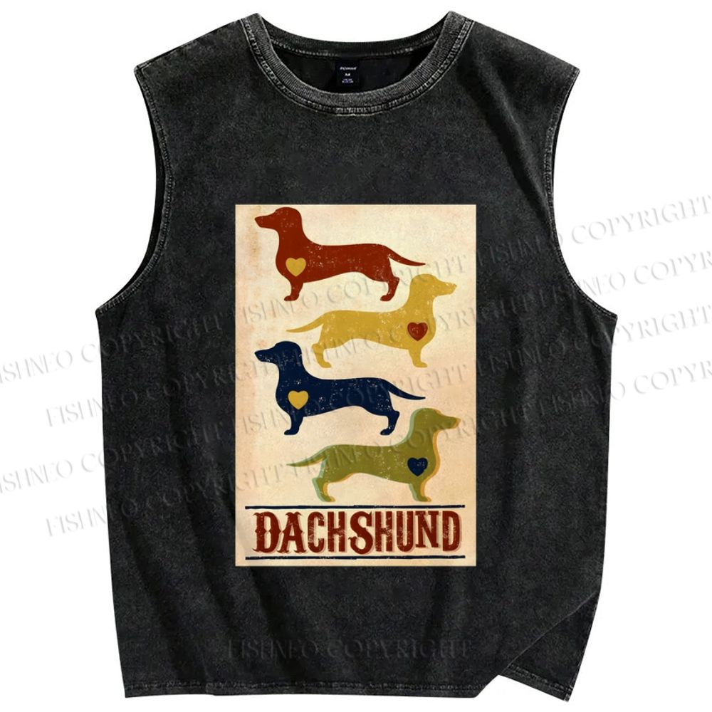 Unisex Vintage Dachshund Dog Printed Washed Tank Top