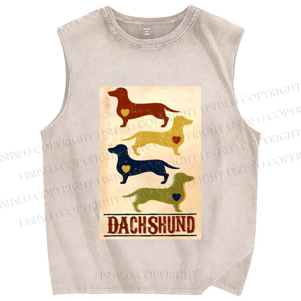Unisex Vintage Dachshund Dog Printed Washed Tank Top