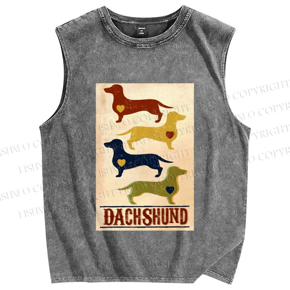 Unisex Vintage Dachshund Dog Printed Washed Tank Top