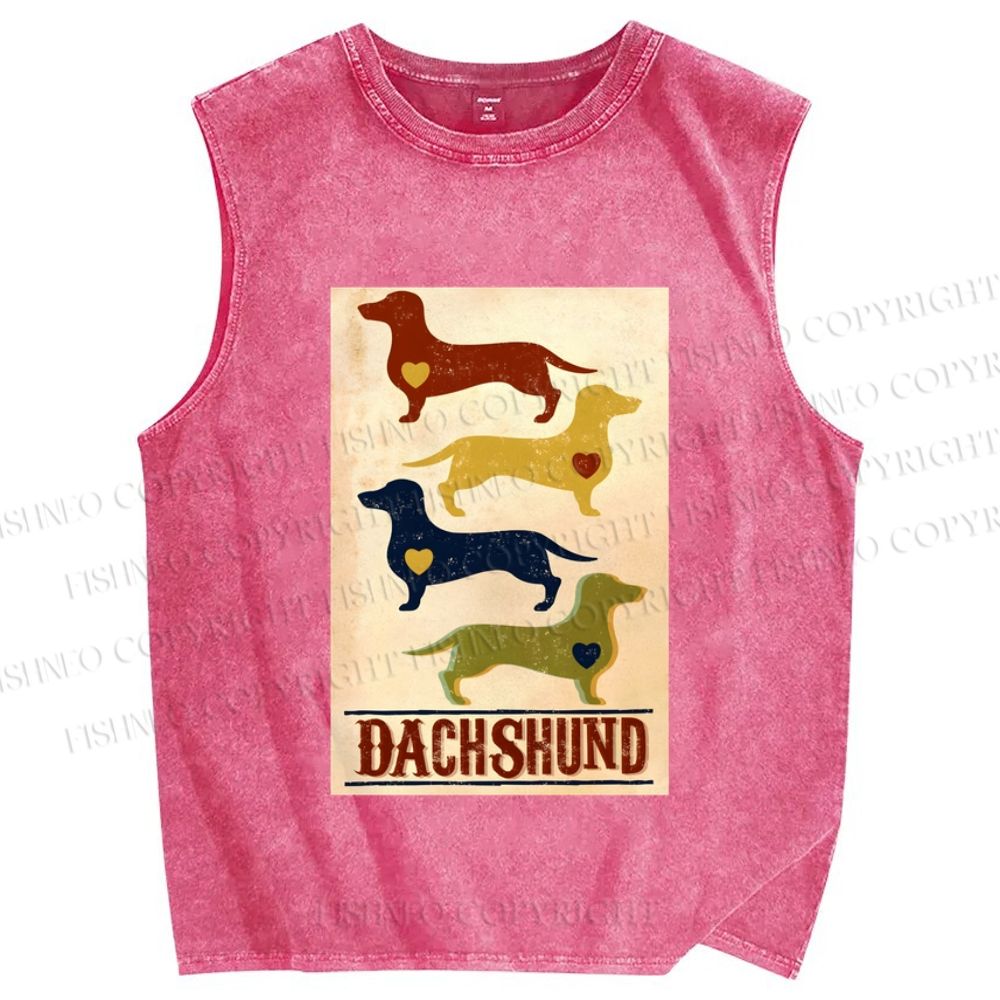 Unisex Vintage Dachshund Dog Printed Washed Tank Top