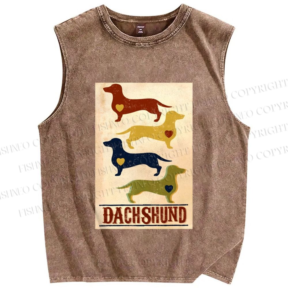 Unisex Vintage Dachshund Dog Printed Washed Tank Top