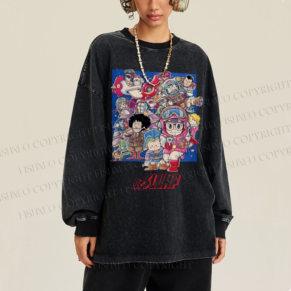 Unisex Casual Washed Japanese Arale Norimaki Anime Printed Long Sleeve T-shirt