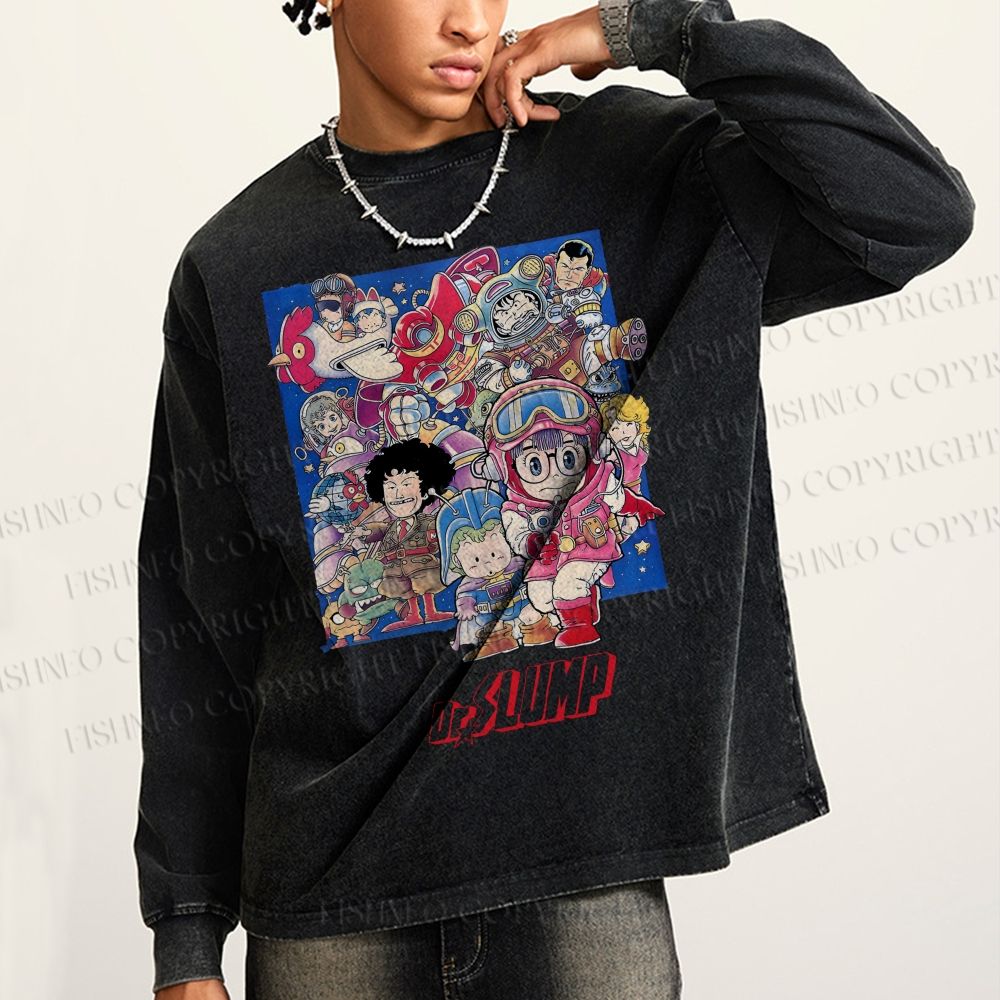 Unisex Casual Washed Japanese Arale Norimaki Anime Printed Long Sleeve T-shirt