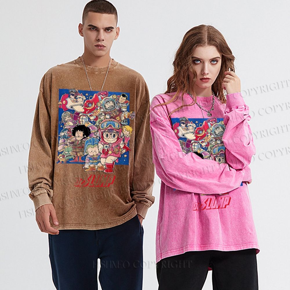 Unisex Casual Washed Japanese Arale Norimaki Anime Printed Long Sleeve T-shirt