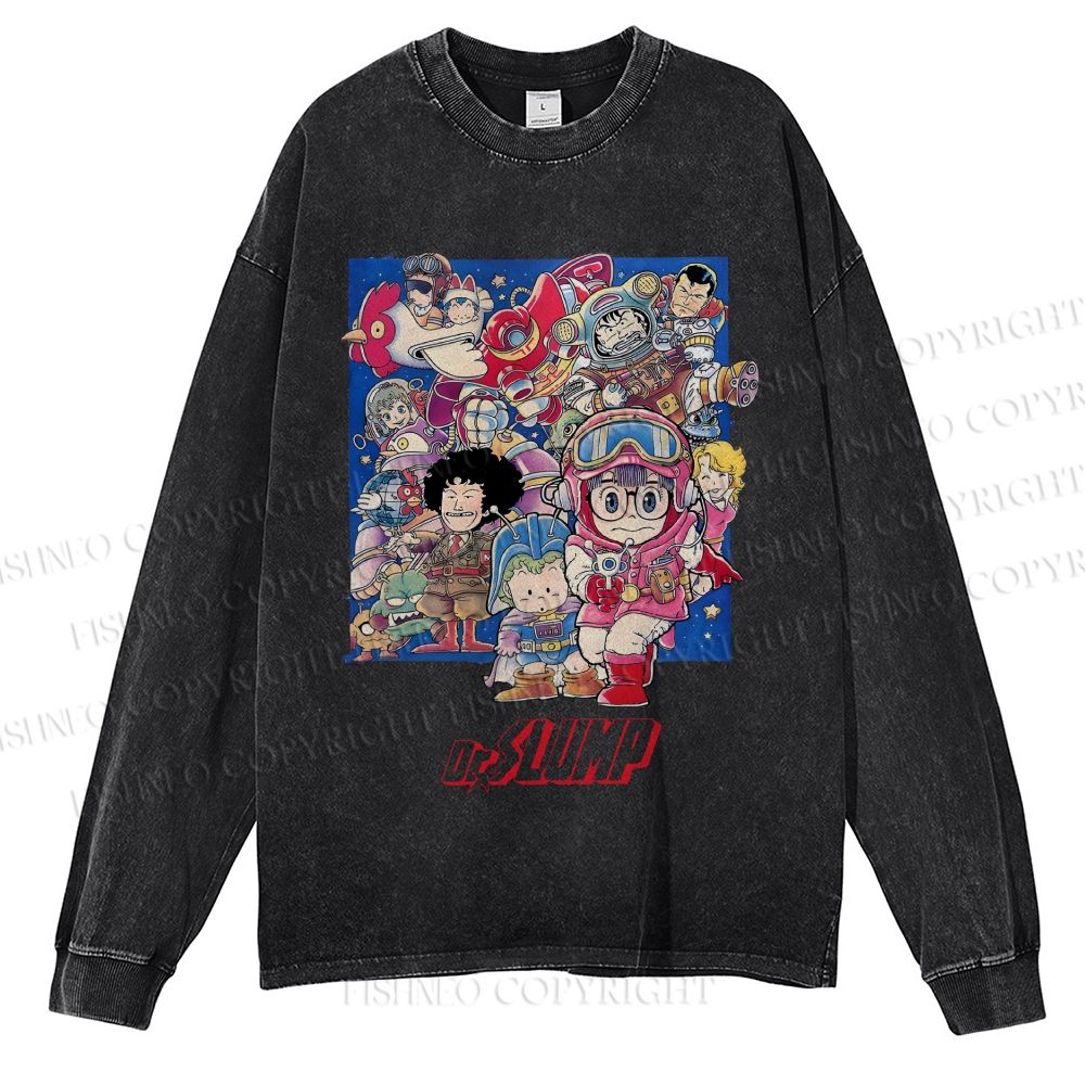 Unisex Casual Washed Japanese Arale Norimaki Anime Printed Long Sleeve T-shirt