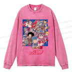 Unisex Casual Washed Japanese Arale Norimaki Anime Printed Long Sleeve T-shirt