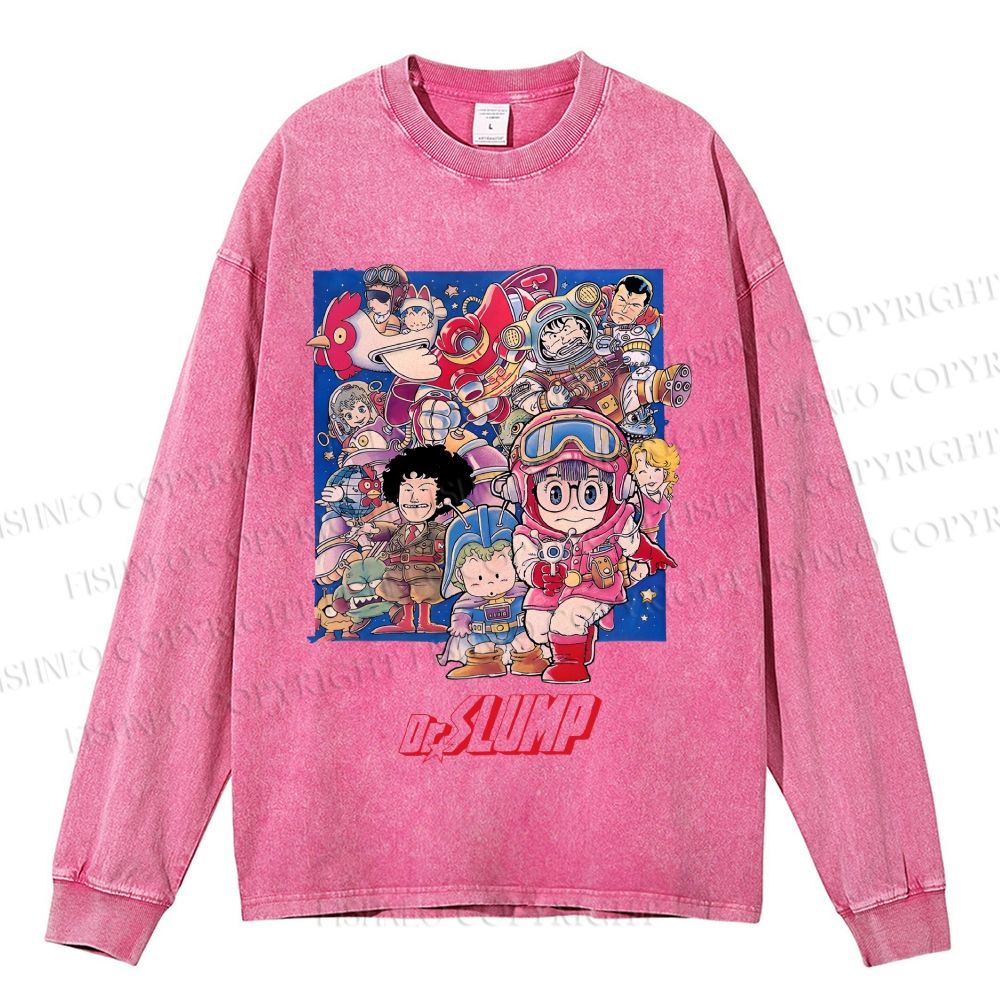 Unisex Casual Washed Japanese Arale Norimaki Anime Printed Long Sleeve T-shirt