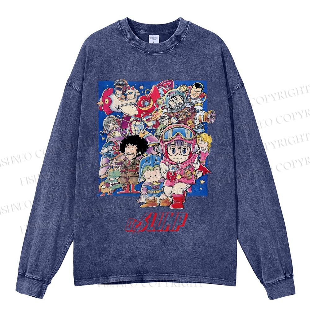 Unisex Casual Washed Japanese Arale Norimaki Anime Printed Long Sleeve T-shirt