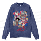 Unisex Casual Washed Japanese Arale Norimaki Anime Printed Long Sleeve T-shirt