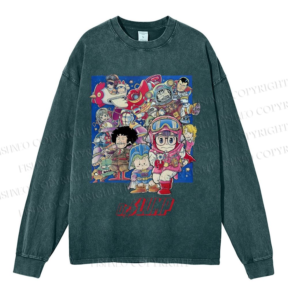 Unisex Casual Washed Japanese Arale Norimaki Anime Printed Long Sleeve T-shirt