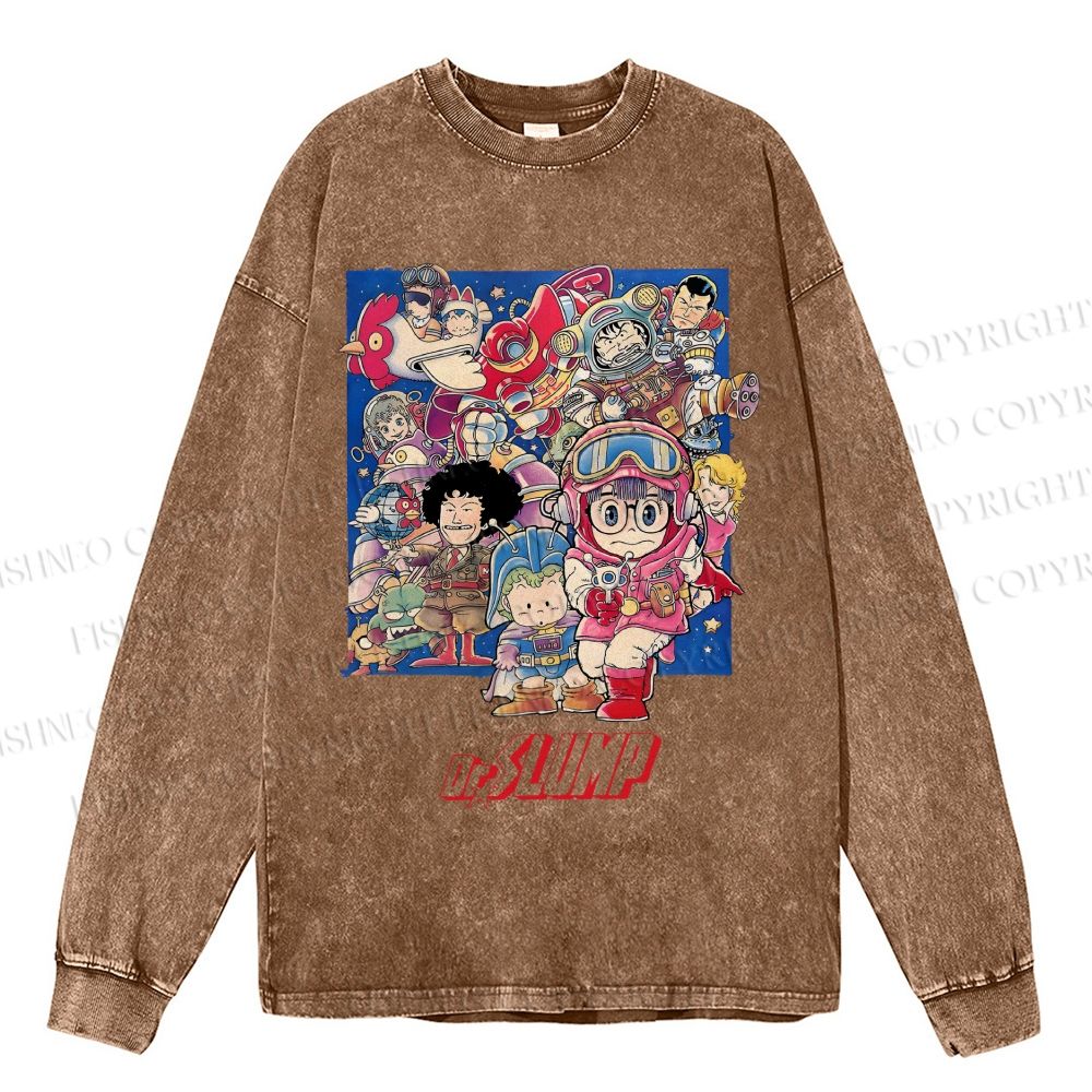 Unisex Casual Washed Japanese Arale Norimaki Anime Printed Long Sleeve T-shirt