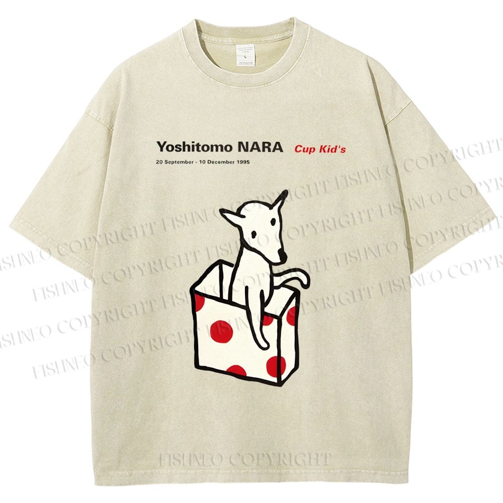 Unisex Yoshitomo Nara Cup Kid's Dog Printed Washed Tee
