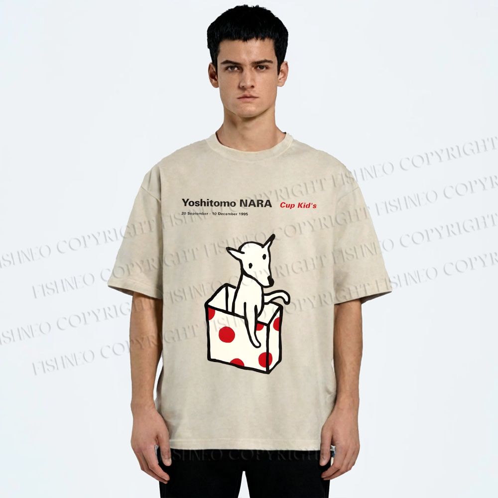 Unisex Yoshitomo Nara Cup Kid's Dog Printed Washed Tee