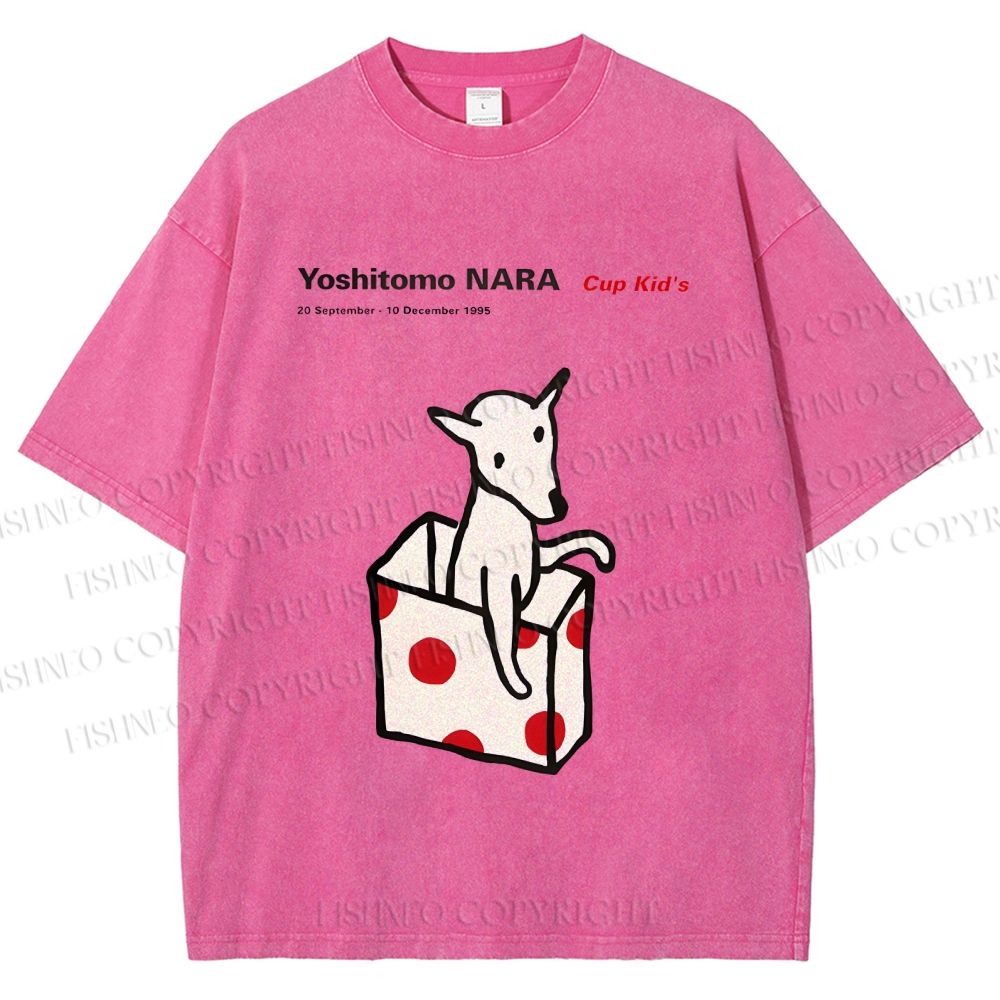 Unisex Yoshitomo Nara Cup Kid's Dog Printed Washed Tee