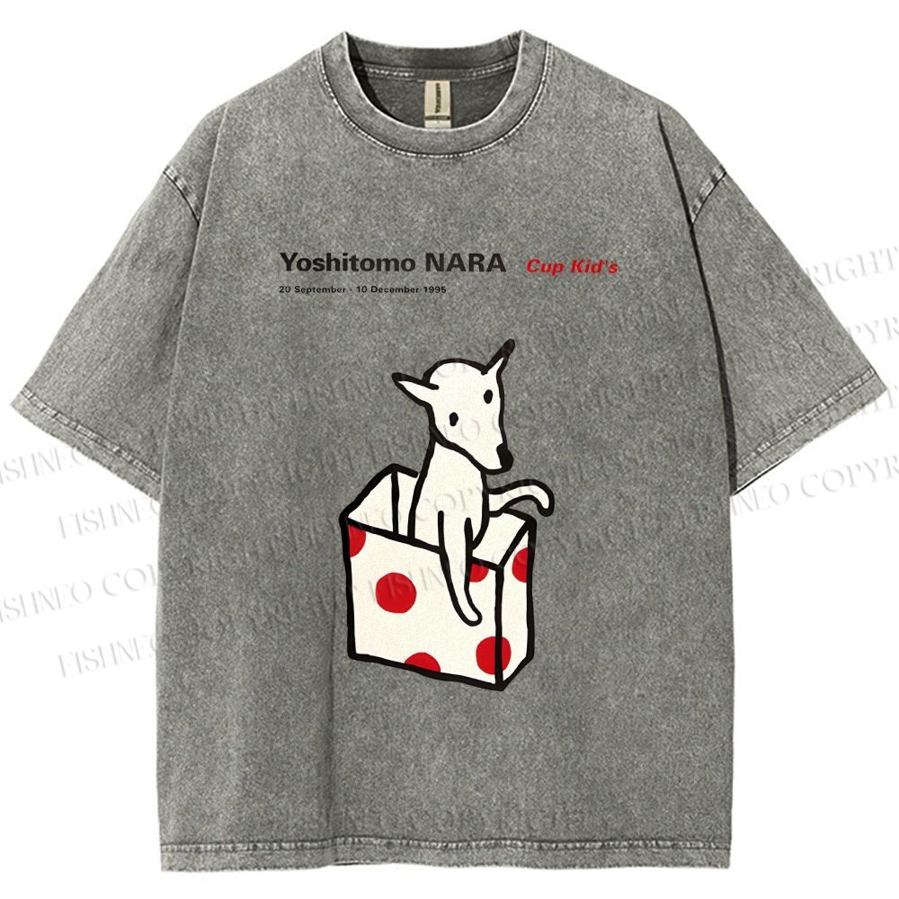 Unisex Yoshitomo Nara Cup Kid's Dog Printed Washed Tee