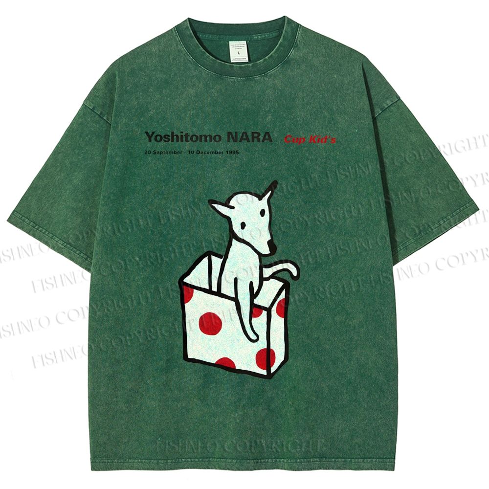 Unisex Yoshitomo Nara Cup Kid's Dog Printed Washed Tee