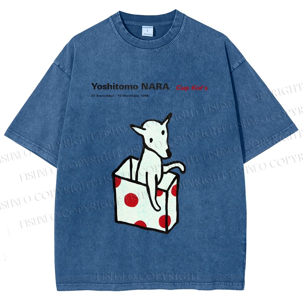 Unisex Yoshitomo Nara Cup Kid's Dog Printed Washed Tee