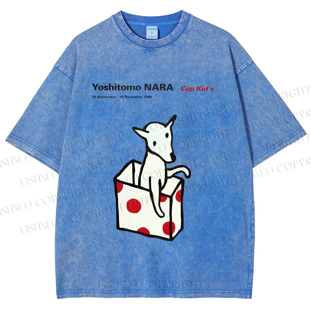 Unisex Yoshitomo Nara Cup Kid's Dog Printed Washed Tee