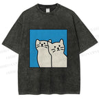 Unisex White Cats Printed Washed Tee