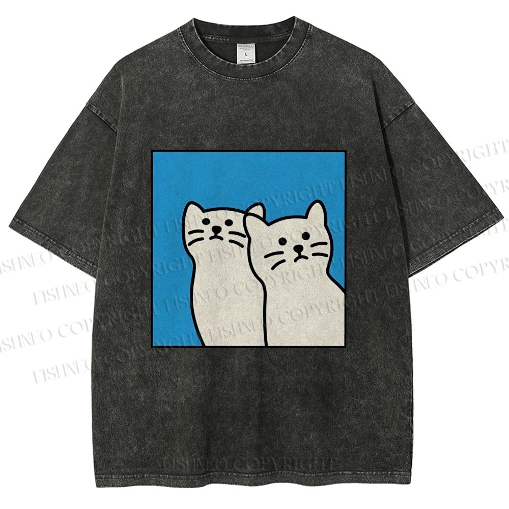 Unisex White Cats Printed Washed Tee