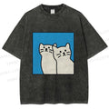 Unisex White Cats Printed Washed Tee