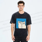 Unisex White Cats Printed Washed Tee
