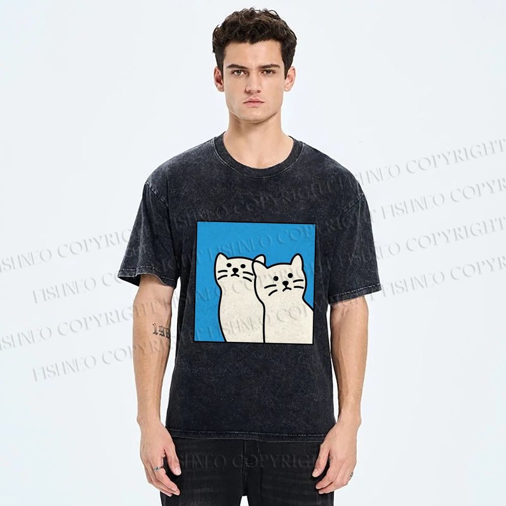 Unisex White Cats Printed Washed Tee