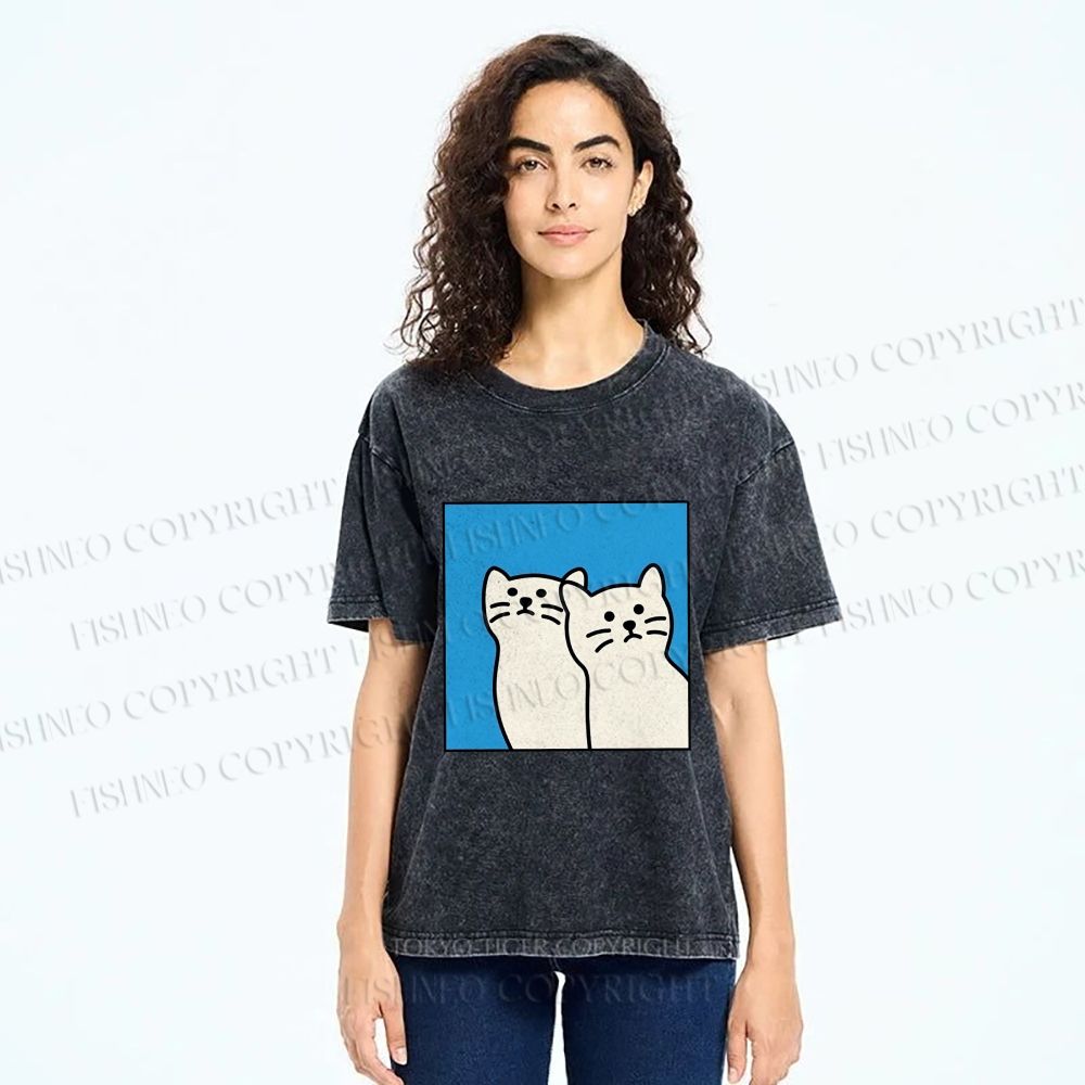 Unisex White Cats Printed Washed Tee