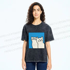 Unisex White Cats Printed Washed Tee
