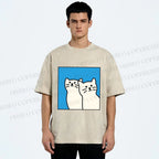 Unisex White Cats Printed Washed Tee