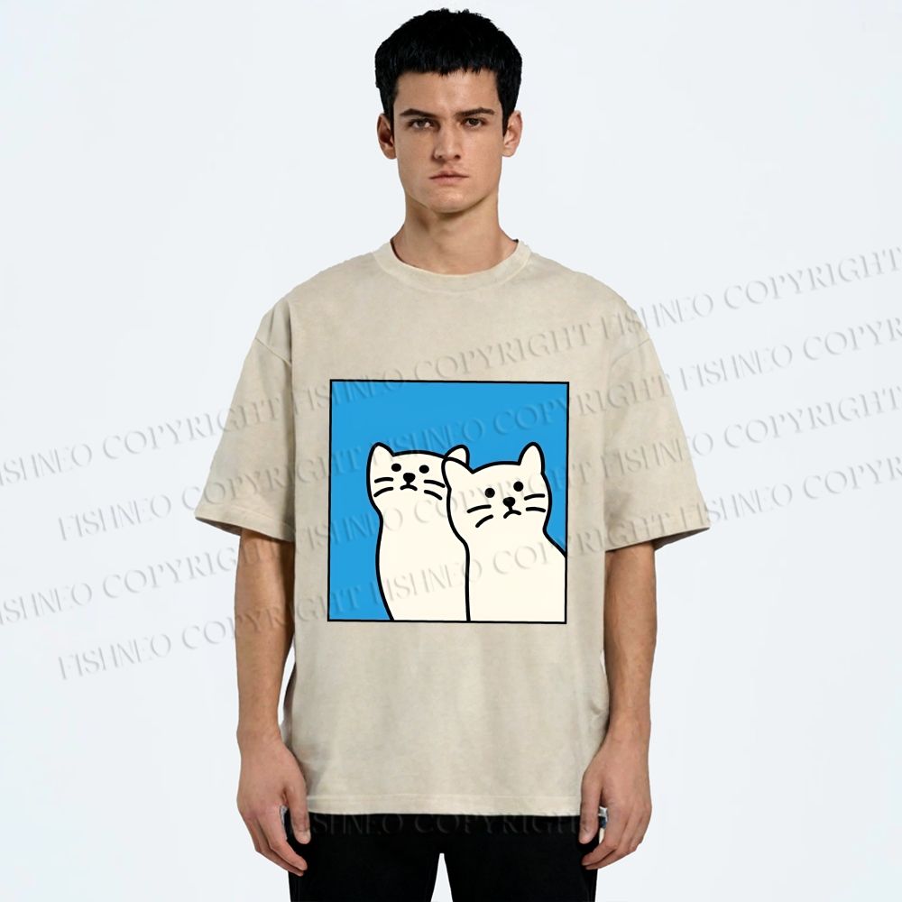 Unisex White Cats Printed Washed Tee