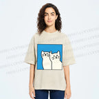 Unisex White Cats Printed Washed Tee
