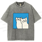 Unisex White Cats Printed Washed Tee