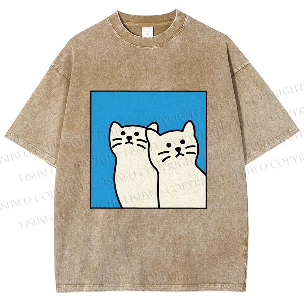 Unisex White Cats Printed Washed Tee