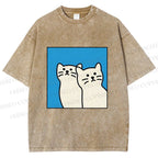 Unisex White Cats Printed Washed Tee