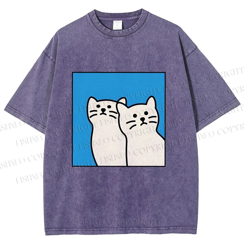Unisex White Cats Printed Washed Tee
