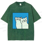 Unisex White Cats Printed Washed Tee