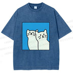 Unisex White Cats Printed Washed Tee