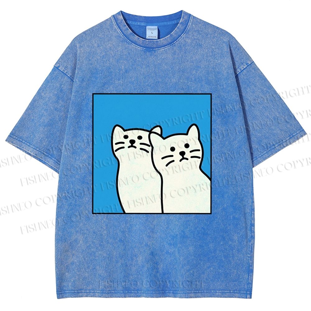 Unisex White Cats Printed Washed Tee